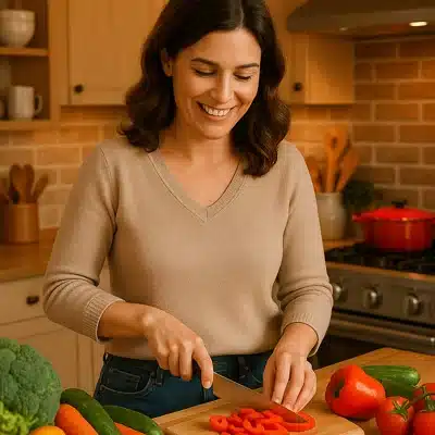 About me 3 Carol slicing vegetables in a warm, home kitchen