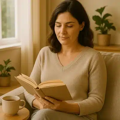 About me 2 Carol reading a book with a cup of tea in a cozy living room